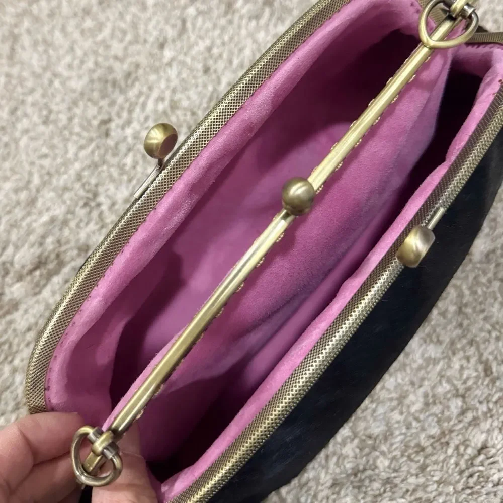 Black Real Hair-on-horsehide Handsewn Double Kiss-lock Clutch Bag/Crossbody